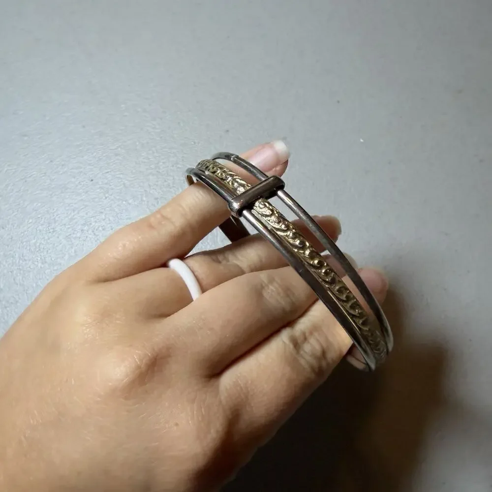 Silver and Gold Tone Multi Hoop Bangle Bracelet Thin Band Smooth And Textured
